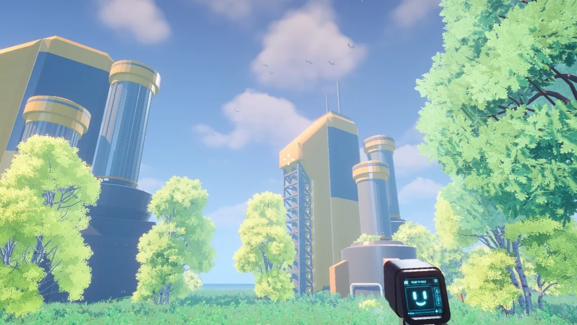 Tall cream and steel industrial towers rising above a treeline under a blue sky, with the ocean on the horizon.