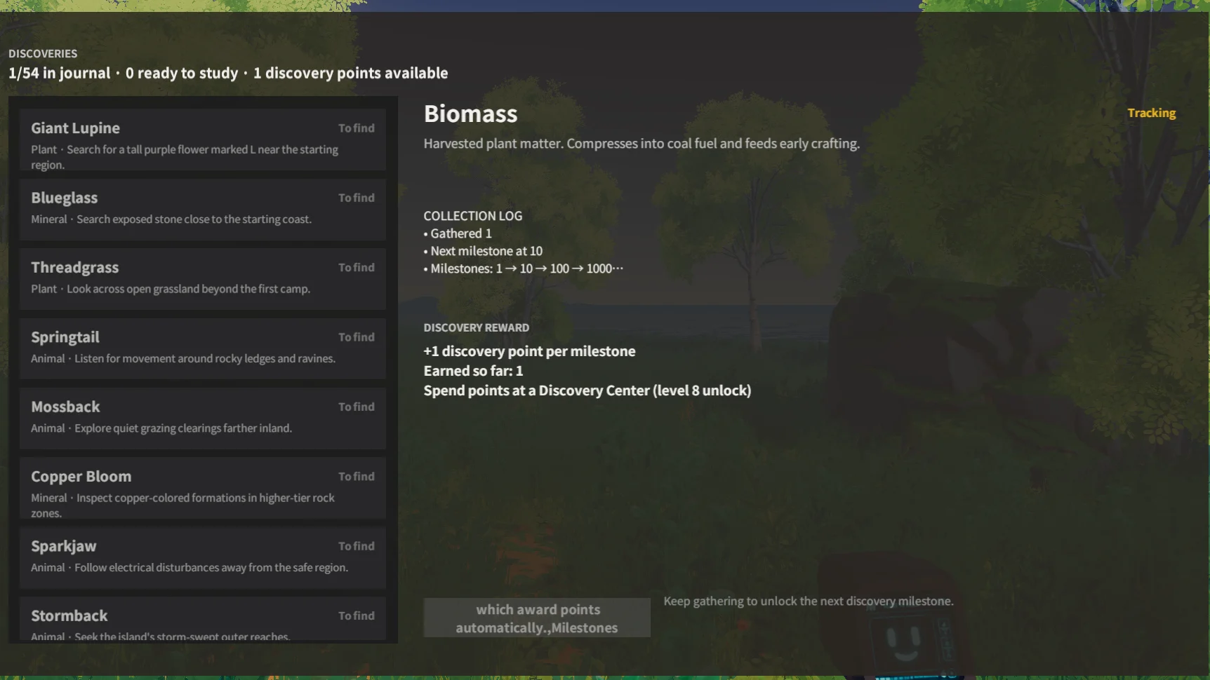 The in-game discovery journal, listing subjects such as Giant Lupine, Blueglass and Sparkjaw beside a detail panel for Biomass showing its collection log and point reward.