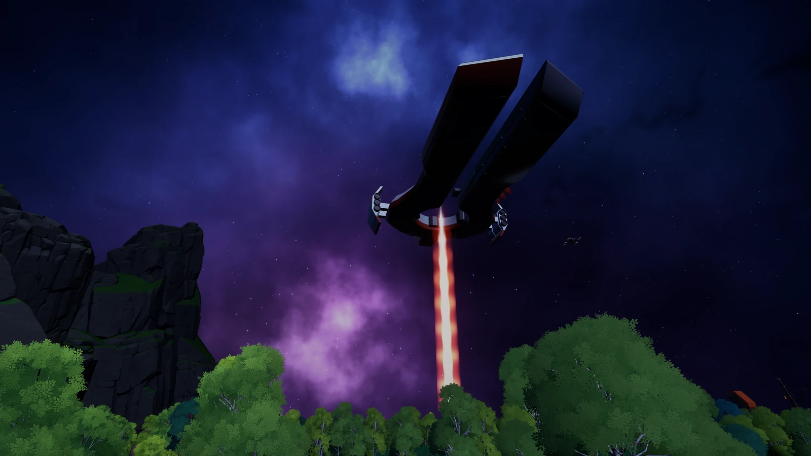 A starship hovering over a night forest, firing a red beam down into the trees.