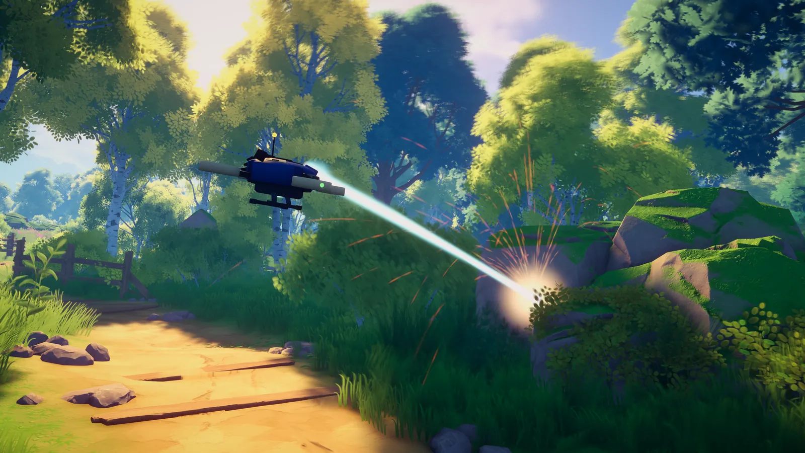 The helper drone hovering over a forest path, cutting into a mossy boulder with its laser as sparks fly.