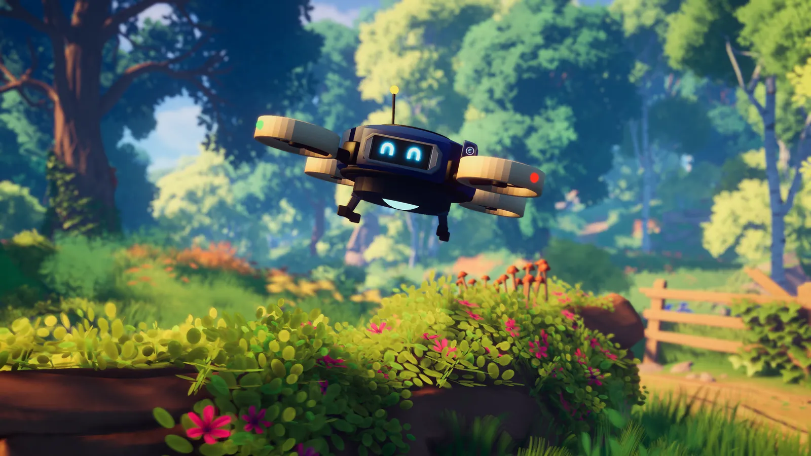The navy helper drone, smiling on its face screen, hovering over a flowering log in a summer forest.