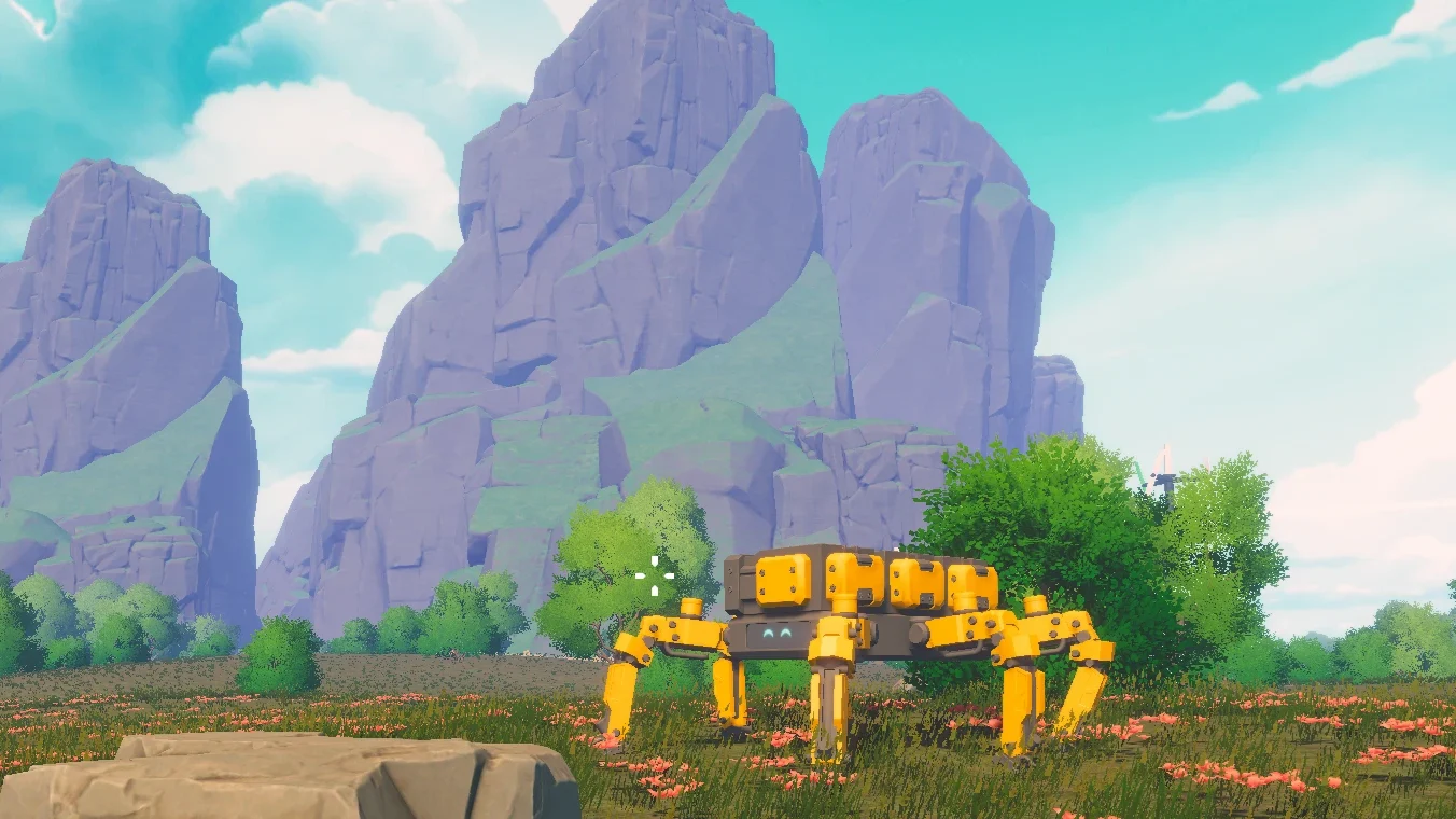 A yellow six-legged robot standing in a meadow of pink flowers, with tall purple rock spires behind it.