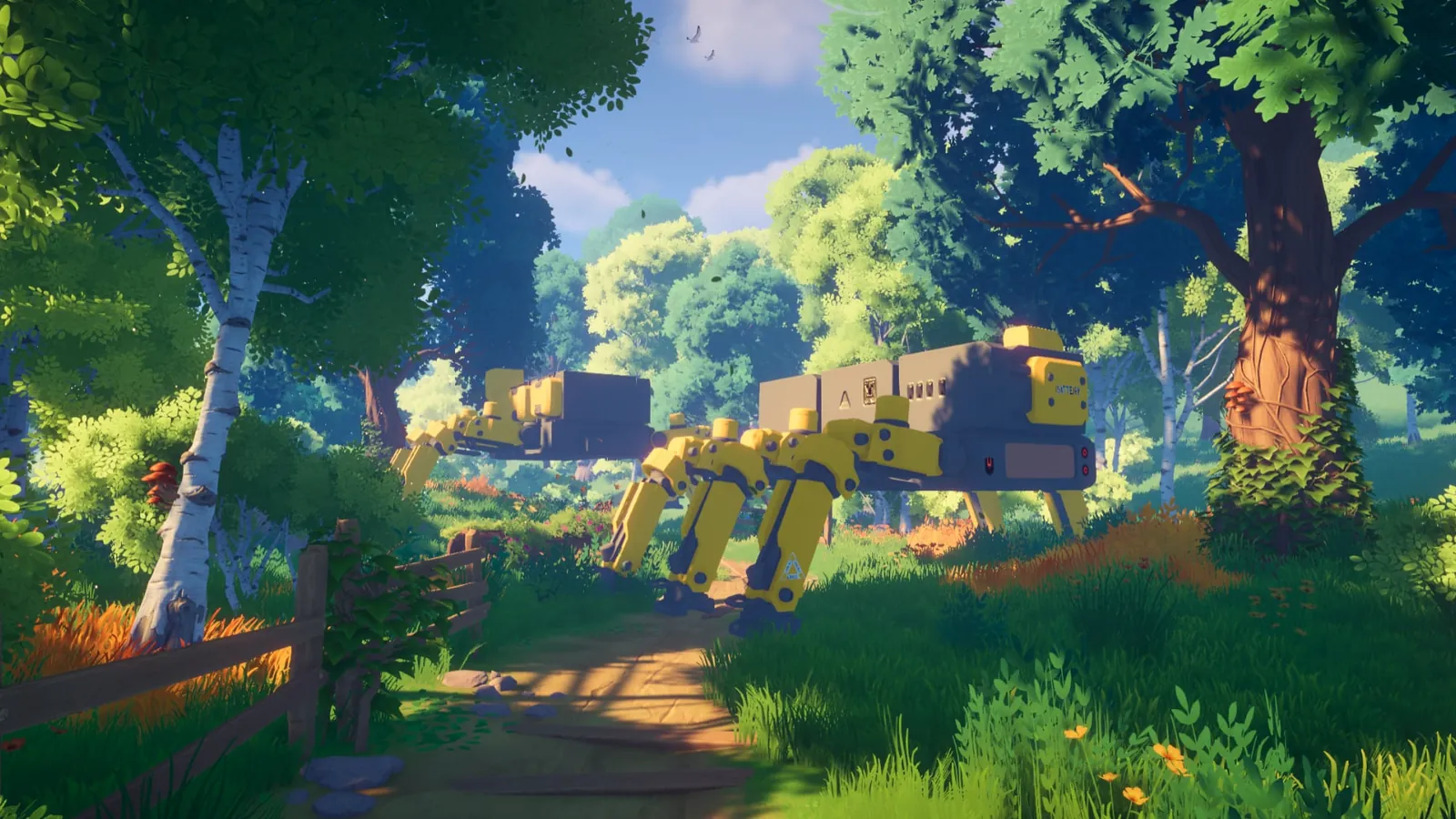 Two yellow and charcoal walking robots crossing a sunlit forest path beside a wooden fence.