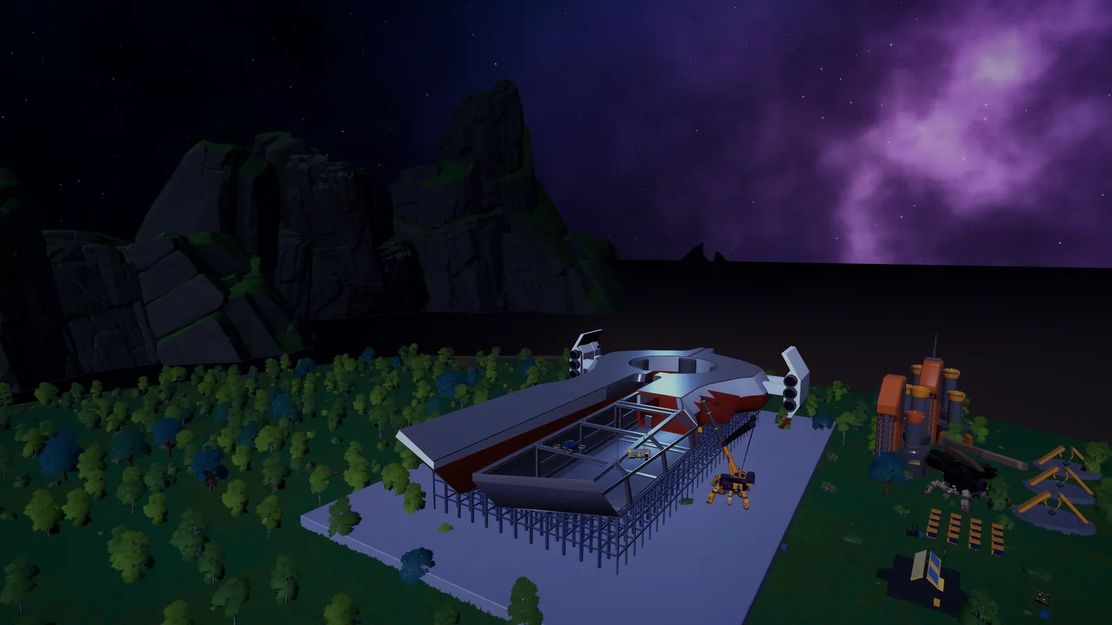 A starship under construction on a lit pad at night, inside scaffolding beside the base, under a purple night sky.