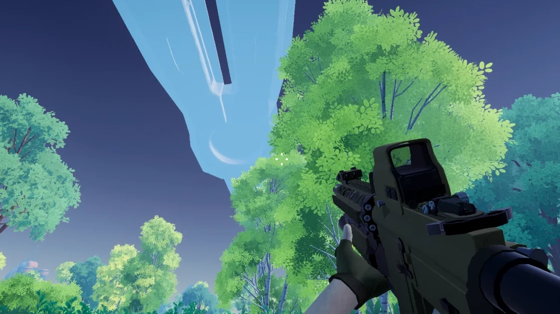 A vast pale starship descending through the sky above a green forest, seen over the player's raised rifle.